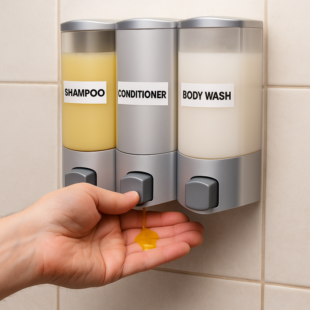 Close-up of a person’s hand dispensing yellow shampoo from a wall-mounted silver dispenser labeled “SHAMPOO,” with marbled beige tiles in the background.