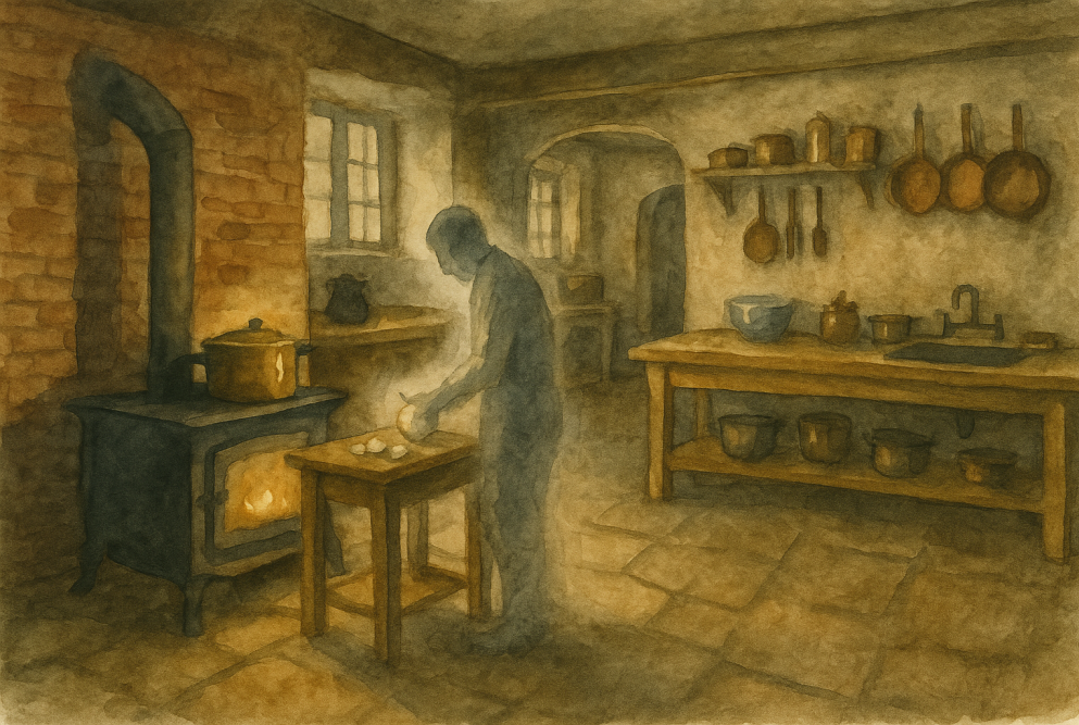 A vintage-style watercolor painting of an early 20th-century kitchen with rustic stone walls, hanging pots, a wooden prep table, and a single figure working near a stove, evoking a quiet and solitary atmosphere.