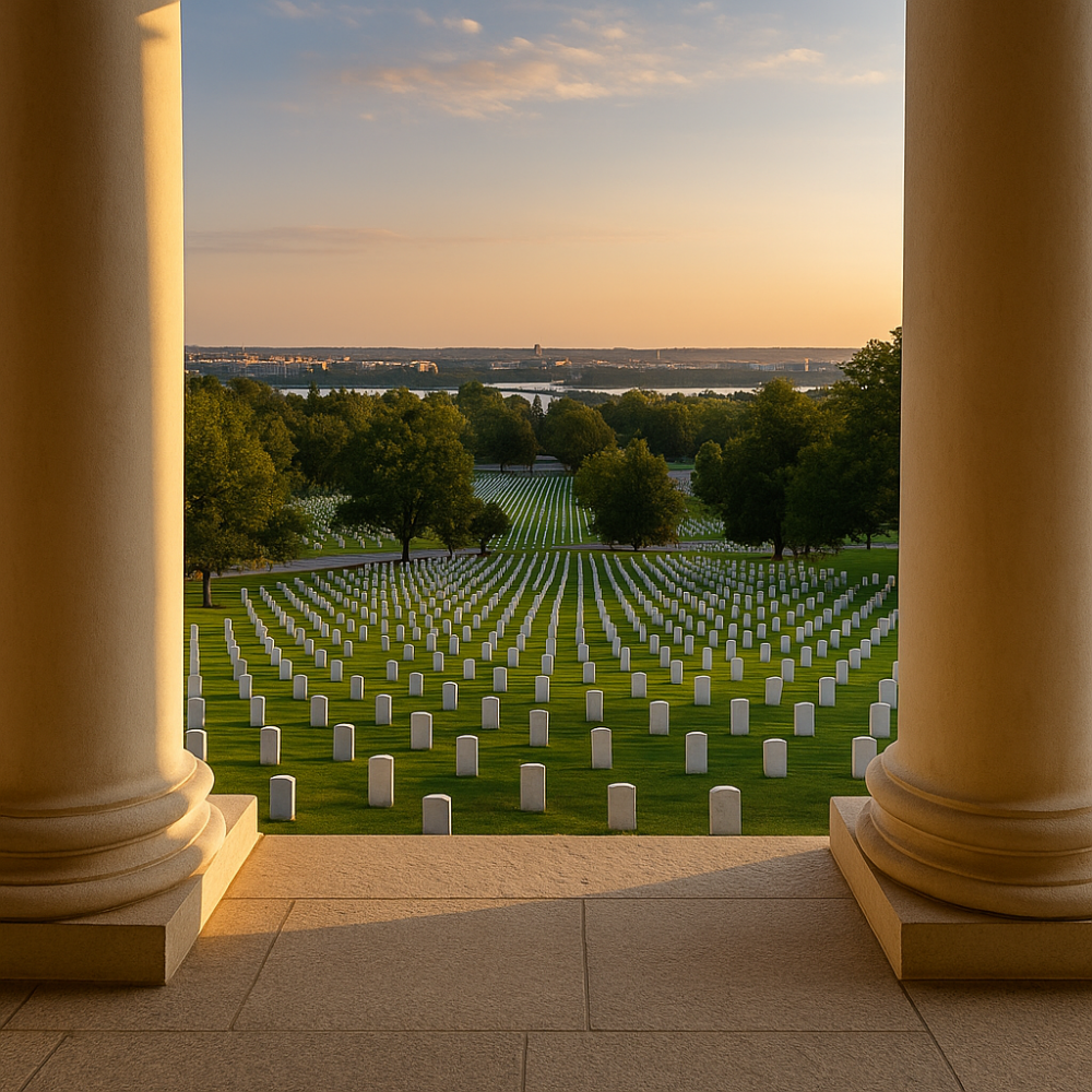 A high-resolution view from the portico of Arlington House, framed by two white columns, looking out over Arlington National Cemetery at sunset with rows of white headstones stretching toward the Washington, D.C. skyline.