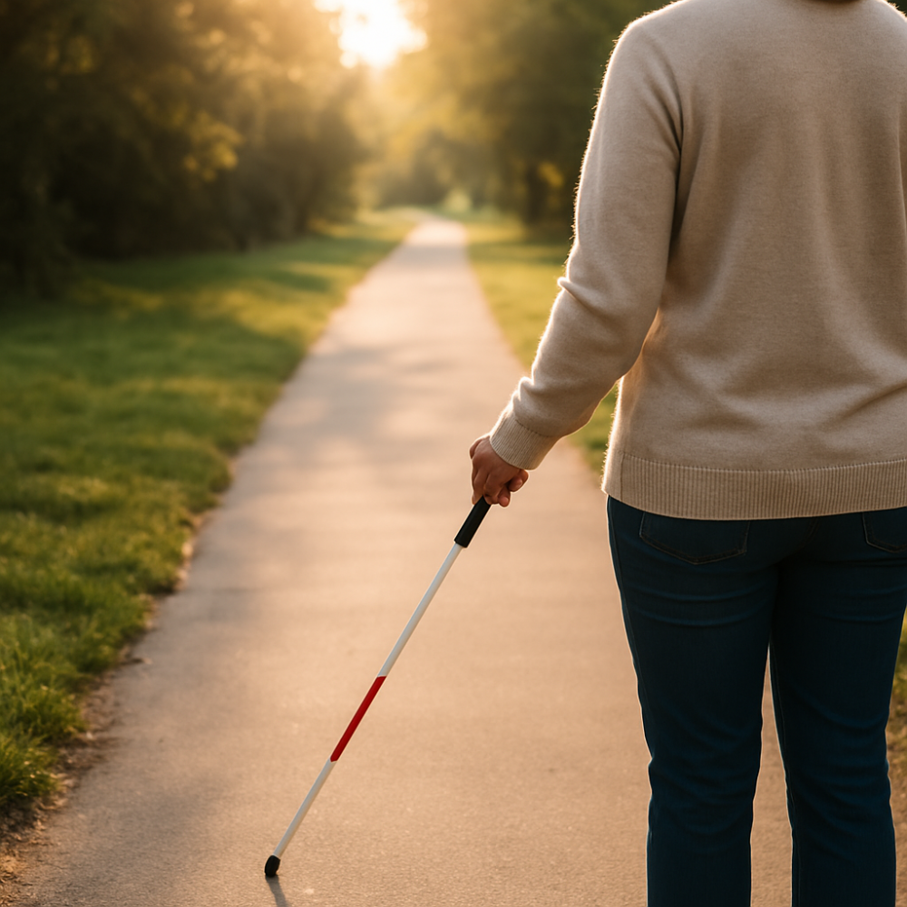 Person with white cane standing at the start of a pathway, representing the beginning of an independence journey after vision loss.