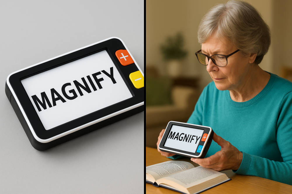 A split image showing a portable digital magnifier on a plain surface with the word “MAGNIFY” displayed on its screen, and an older woman using the same device to read a book at a table.