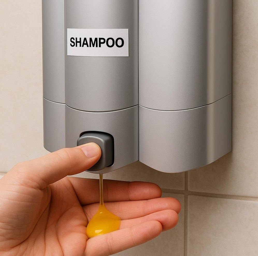 Close-up of a person’s hand dispensing yellow shampoo from a wall-mounted silver dispenser labeled “SHAMPOO,” with marbled beige tiles in the background.
