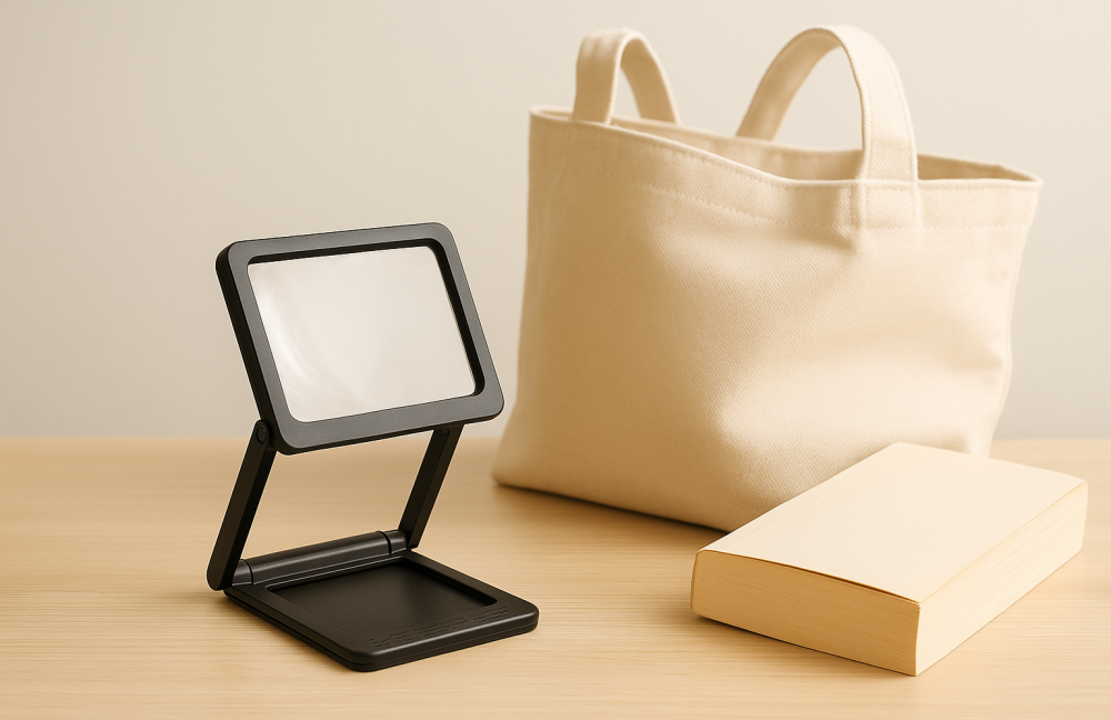 Portable folding stand magnifier displayed on a table beside a canvas tote bag and a paperback book, highlighting its compact size and portability.