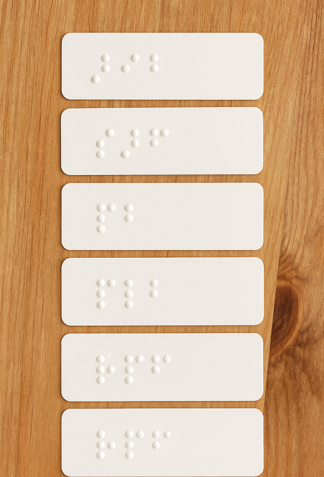Five self-adhesive white Braille labels with raised dots, arranged vertically on a wooden surface.