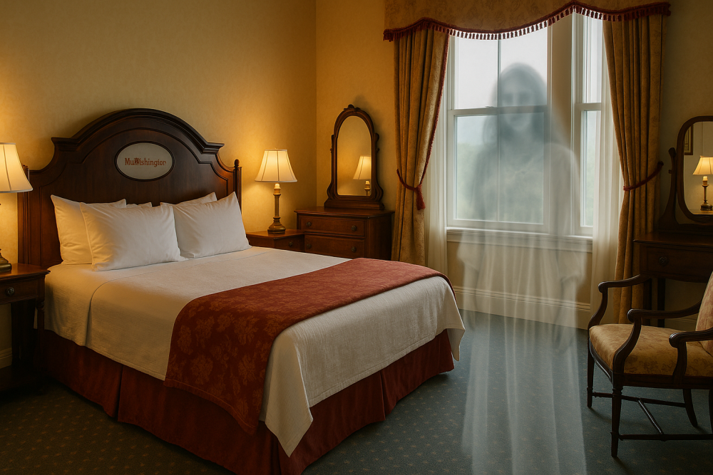Image of Room 314 with the ghost standing at the foot of the bed