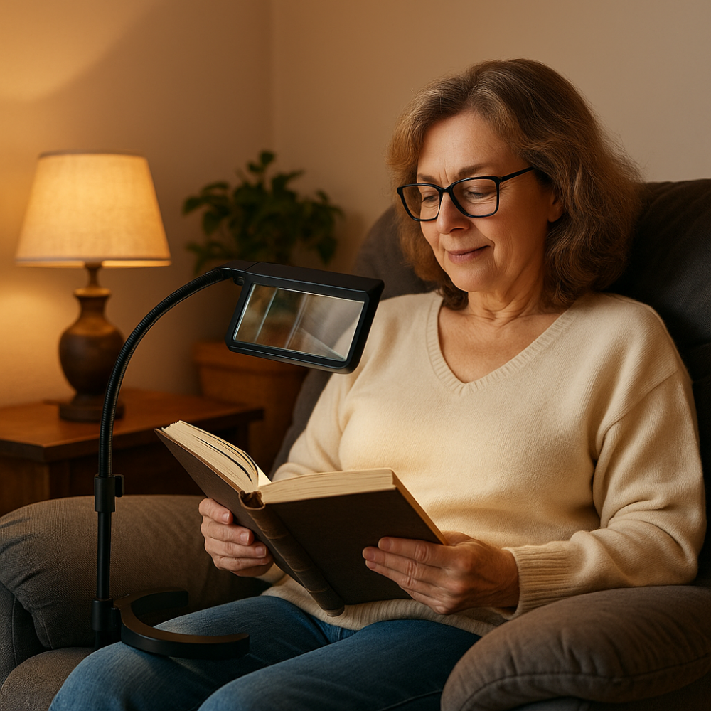 Person reading comfortably in an armchair with a stand magnifier and good lighting, creating a cozy and independent reading setup