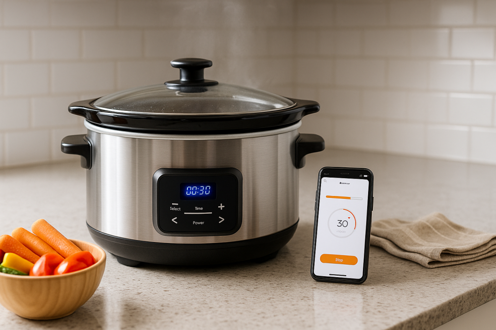 Smart slow cooker on a counter with a smartphone app screen beside it and a small splash of color from fresh vegetables