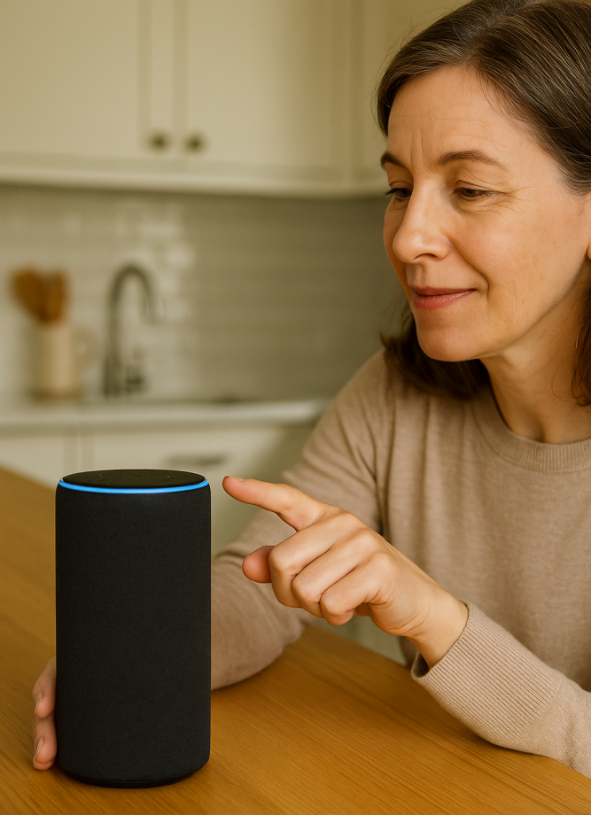 Woman using a smart speaker in her kitchen, giving a voice command for home automation.