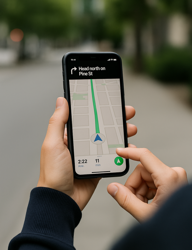 Close-up of a person holding a smartphone outdoors, using a navigation app with audio cues for turn-by-turn directions.