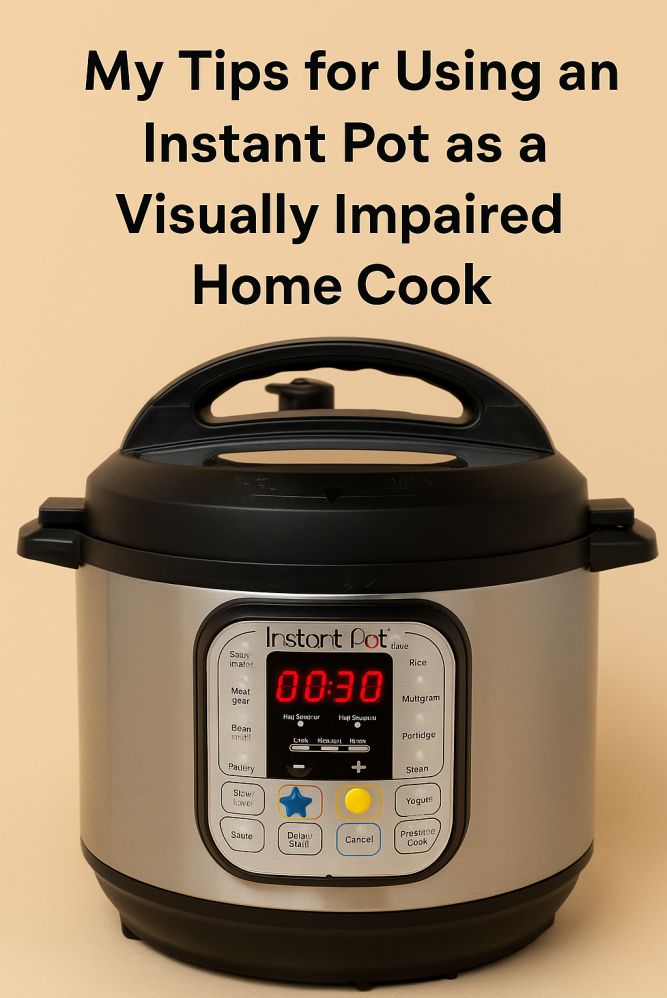 A close-up photograph of a black Instant Pot with tactile markers on key buttons, placed on a beige background. The appliance’s lid and control panel are visible, highlighting key features like the buttons and settings.