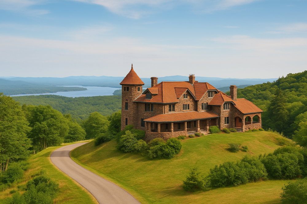 A high-resolution photo of Lucknow Estate (Castle in the Clouds), a grand Arts and Crafts–style mansion perched atop a mountain in New Hampshire, with panoramic views and lush greenery surrounding the historic structure.