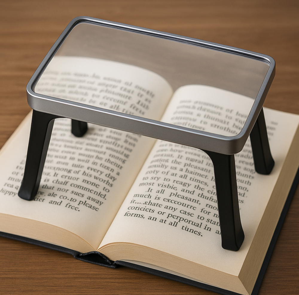 A stand magnifier resting on an open book with enlarged text visible