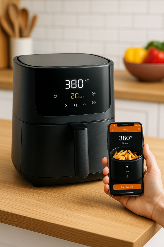 Smart air fryer with digital display and smartphone app control shown on the counter