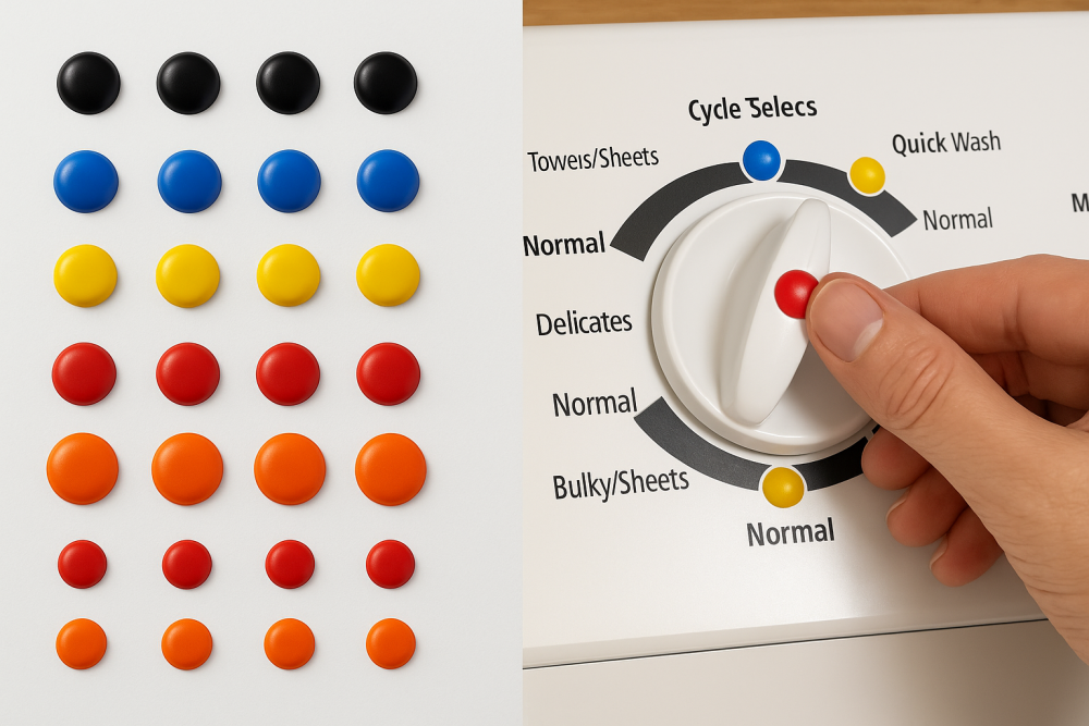 A side-by-side image showing an assortment of colorful bump dots on the left and a washing machine dial on the right with bump dots applied to key settings.