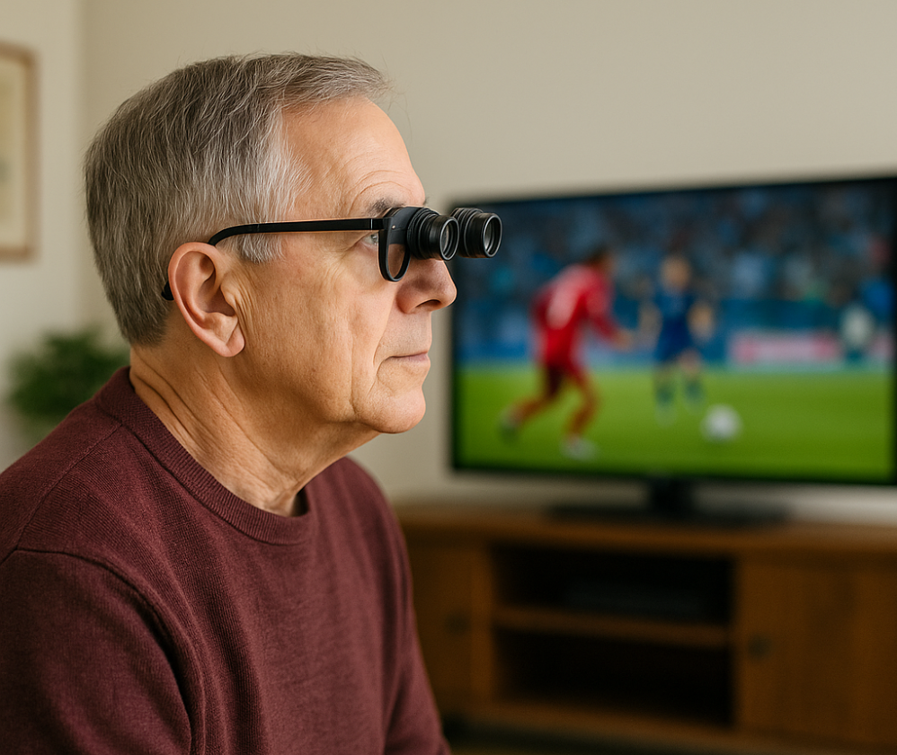 Person using telescopic glasses indoors to view a television across the room, demonstrating distance magnification.