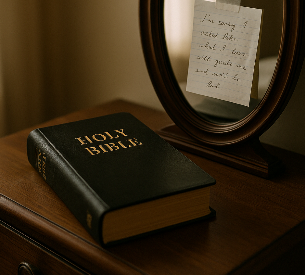 A nightstand with a black leather Bible and a handwritten note taped to a small mirror, softly lit by natural light through curtains.