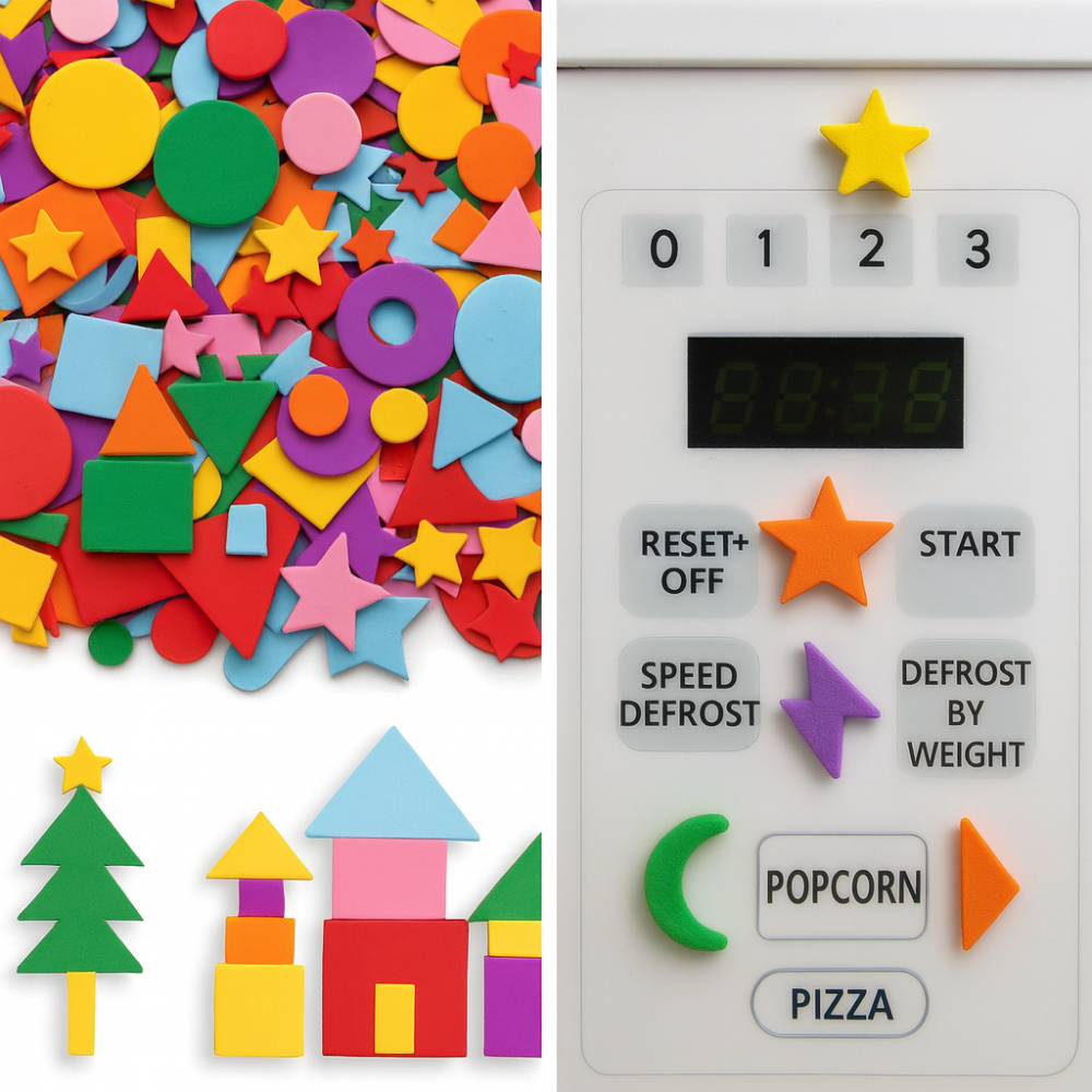 A side-by-side image showing colorful foam stickers in various shapes on the left and a microwave keypad on the right, marked with the same stickers to highlight specific buttons.