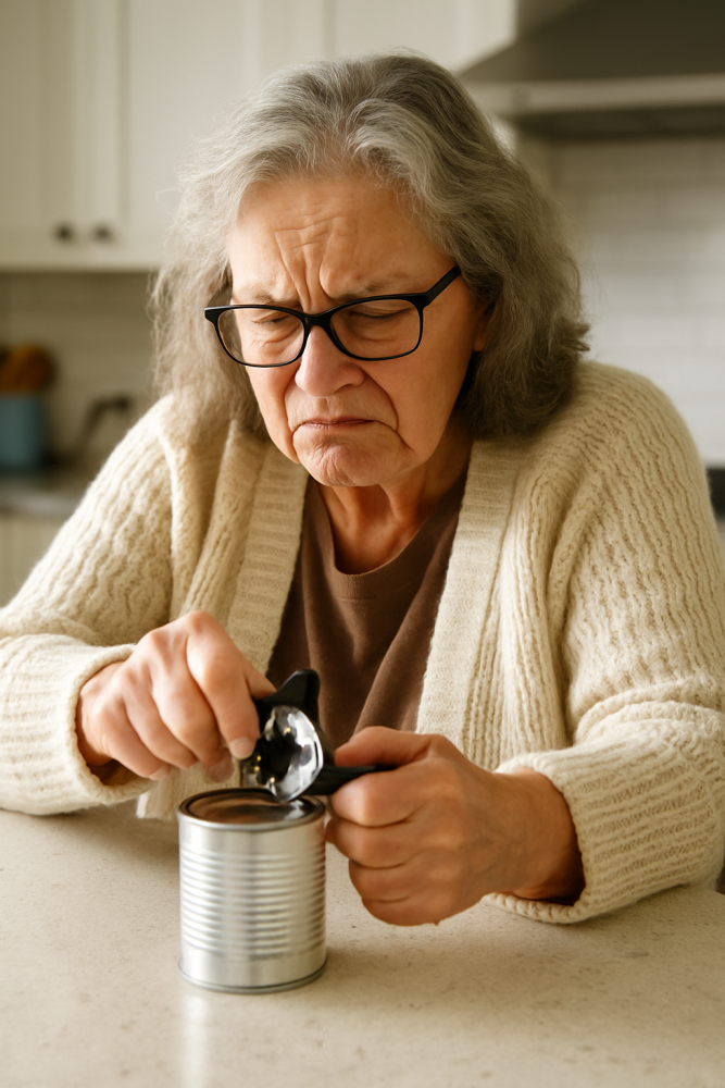 An elderly woman with white hair and glasses, seated at a kitchen table, grimaces in frustration while attempting to open a can with a manual can opener.