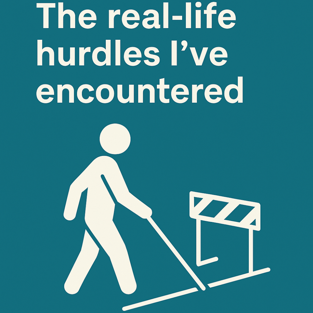 Illustration of three hurdles labeled “Technology,” “Isolation,” and “Emotions,” set against a teal background—symbolizing challenges faced during vision loss adaptation.