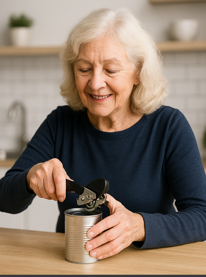 A senior adult using a smooth edge can opener in a well-lit kitchen, effortlessly removing a can lid with one hand while steadying the can with the other.