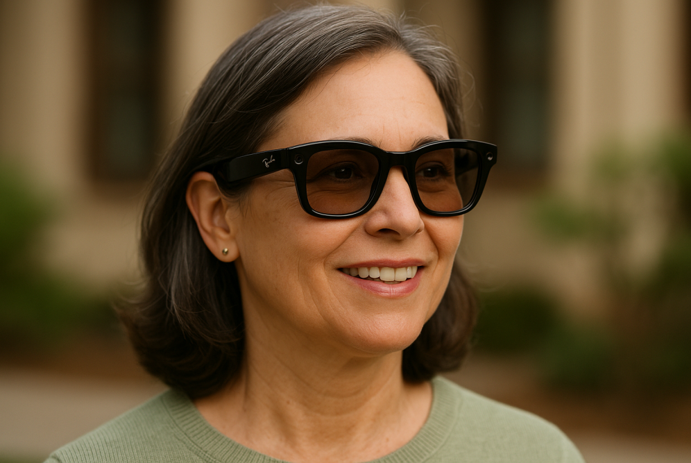 Woman wearing stylish Ray-Ban Meta smart glasses outdoors, smiling confidently in natural light.