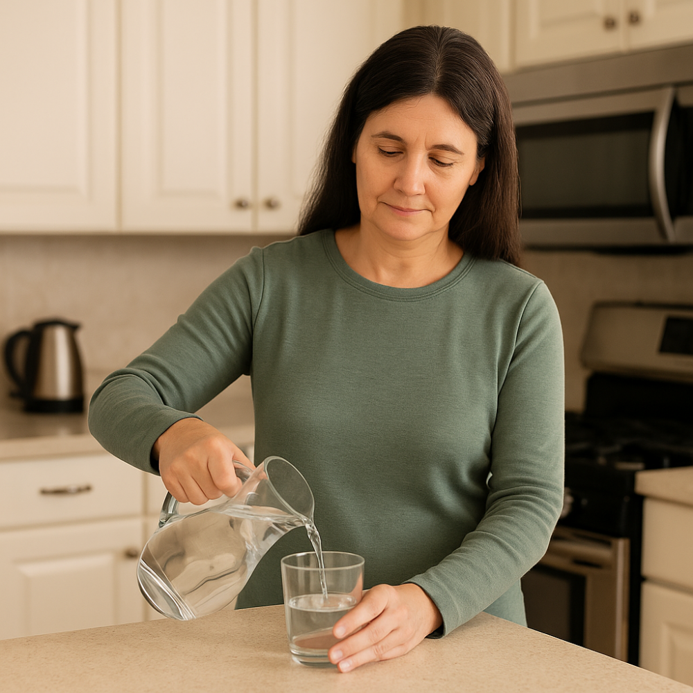 A woman with low vision carefully pours water from a glass pitcher into a tumbler at her kitchen counter, focusing on control and accuracy.