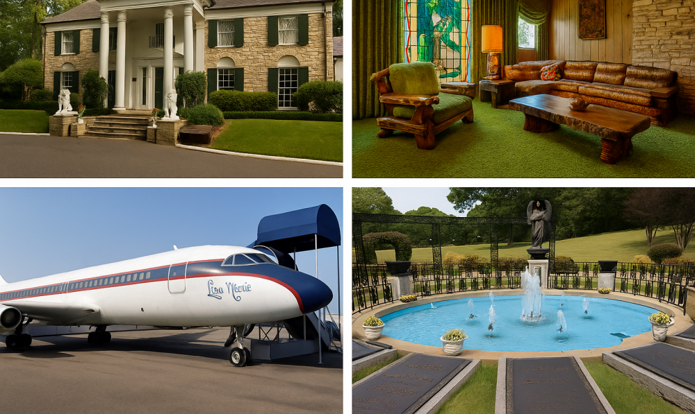 A four-image collage showcasing Graceland’s most iconic photo ops: the front of the mansion, the Jungle Room’s green interior, the Lisa Marie airplane, and the Meditation Garden with its fountain and gravesite.