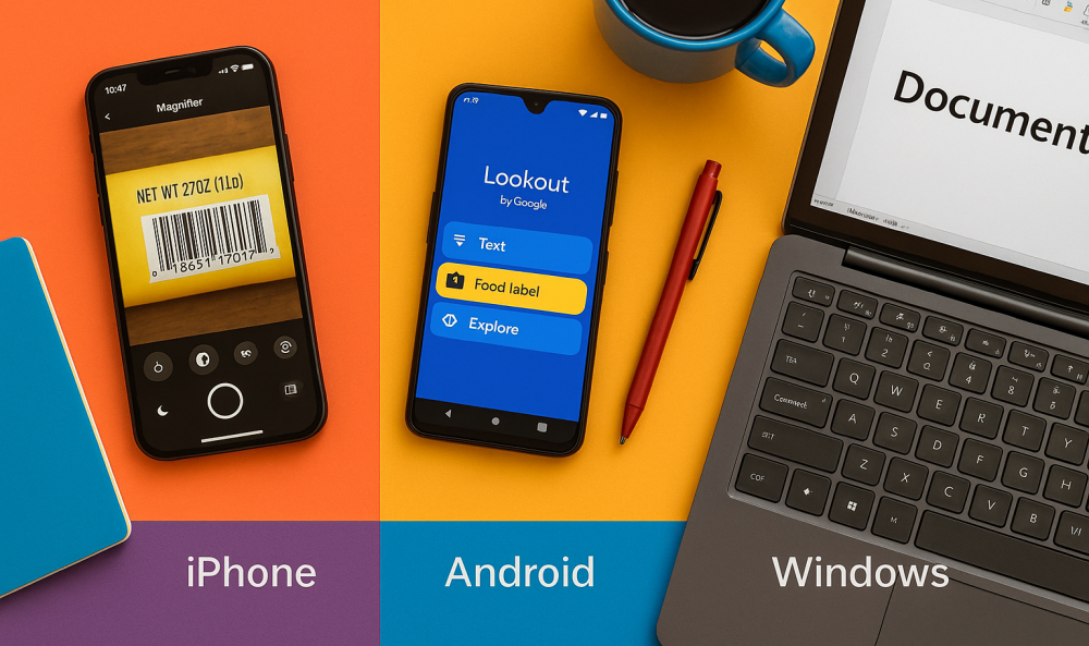 Apple iPhone with Magnifier app, Android phone with Google Lookout, and Windows laptop with Microsoft Magnifier on a colorful des