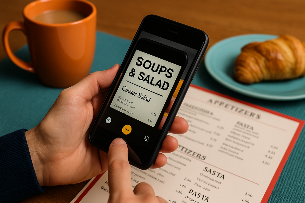 Smartphone magnifier app enlarging a restaurant menu at a café table.