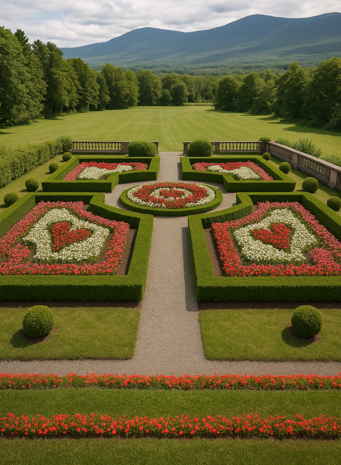 A formal parterre garden at Hildene features symmetrical flower beds in vibrant red and white blooms, framed by manicured hedges and gravel paths, with a backdrop of rolling hills and a cloudy blue sky.