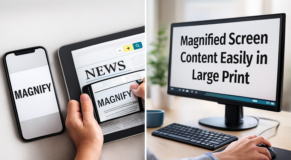 A split image showing screen magnification tools: on the left, a smartphone and tablet display enlarged text as a person adjusts the magnification; on the right, a desktop monitor shows magnified large-print content being viewed by someone using a mouse.