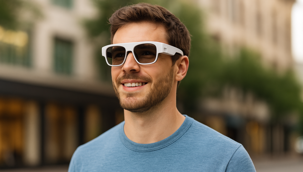 Young man wearing lightweight AR headset glasses outdoors, smiling confidently in natural light.