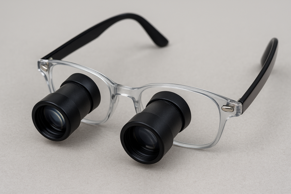 Close-up of telescopic glasses showing small binocular-style lenses mounted on eyeglass frames.