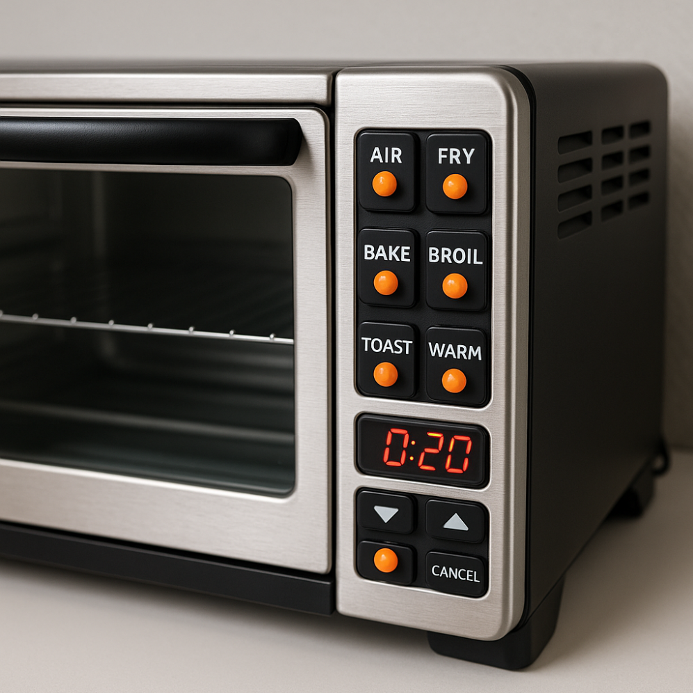  A stainless steel toaster oven on a light gray countertop. Three tactile bump dots are applied to the dials for function, temperature, and timer, offering a vision-friendly adaptation for easy use