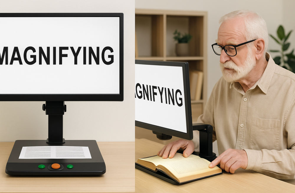 A split image showing a desktop video magnifier on a table with the word “MAGNIFYING” displayed on its large screen, alongside an older man using the same CCTV system to read a book beneath the camera.