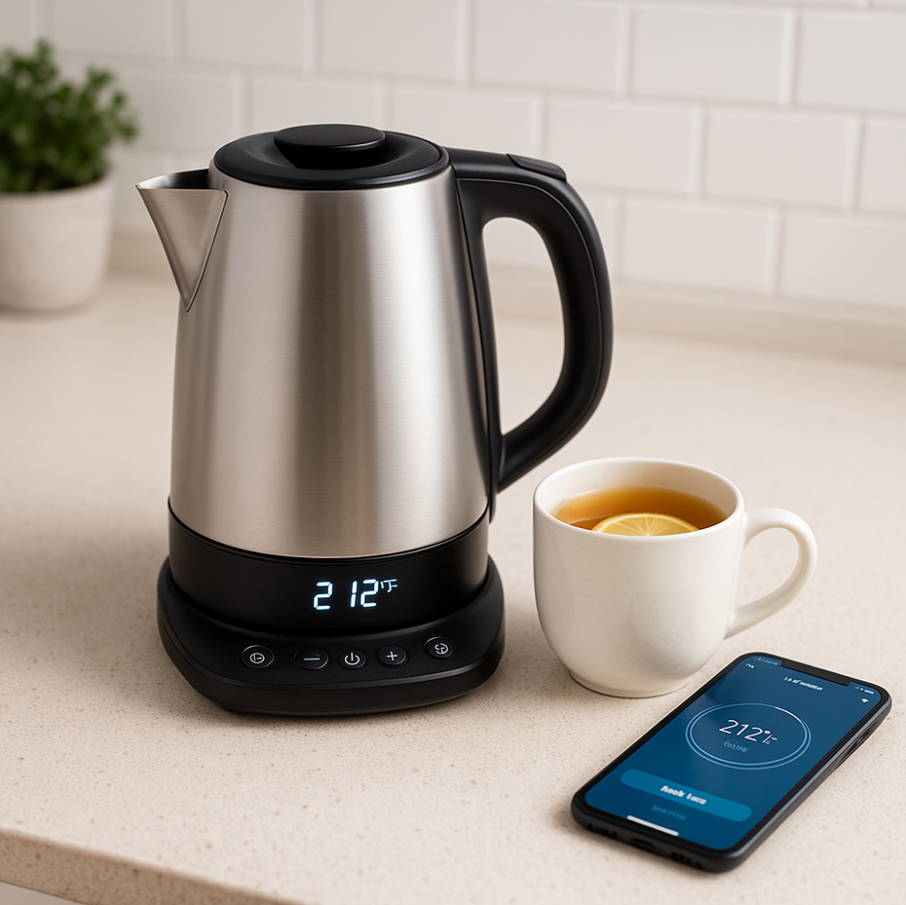 Smart electric kettle with digital display and a mug of tea beside it, showing app-based control on a smartphone.