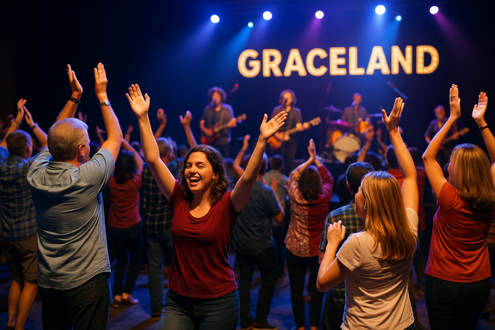 A lively concert scene at Graceland Soundstage with people clapping and dancing under colorful lights, as a live band performs on stage beneath a glowing “GRACELAND” sign.