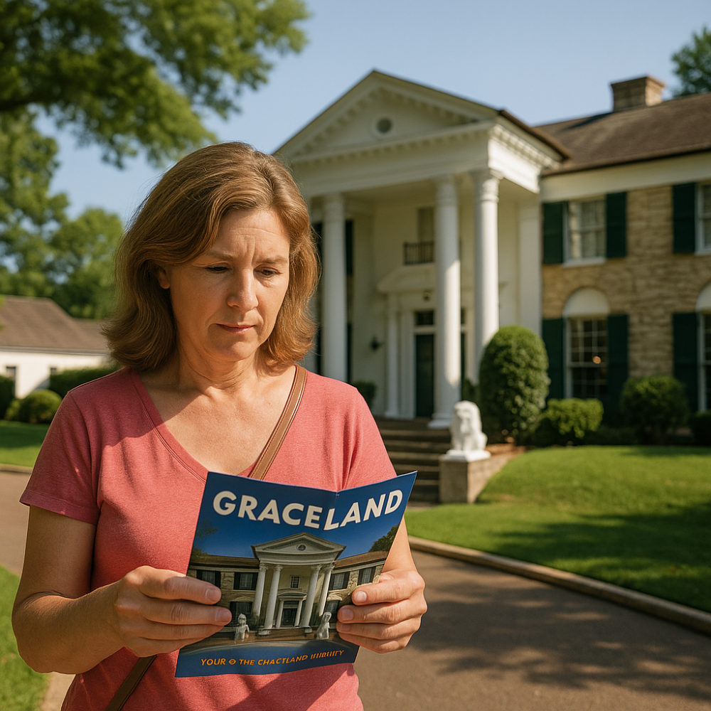 A woman stands in front of Graceland, reading a blue tour brochure with the mansion’s photo on the cover, preparing for her visit under a clear sky.