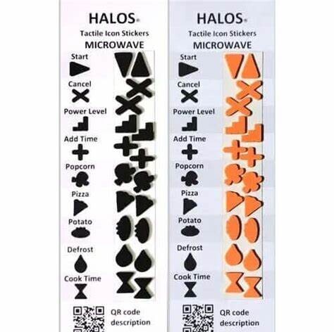  A set of orange HALOS tactile icon stickers for microwaves, featuring distinct shapes like triangles, Xs, stair steps, and other symbols representing common microwave functions, arranged on a white background.