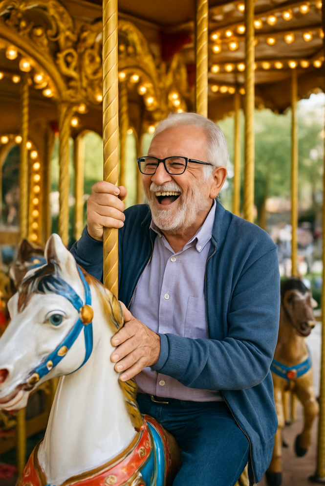 A joyful elderly man with a white beard wearing sunglasses smiles while kayaking on a scenic lake, accompanied by others in the background. The image radiates confidence, independence, and enjoyment of life after vision loss.