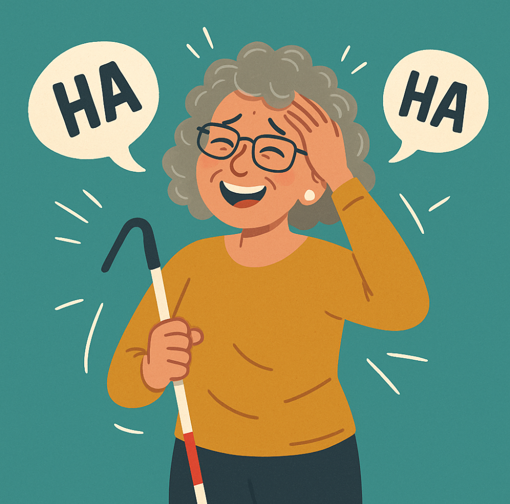 A playful digital illustration features a mature woman with a white cane laughing with a friend on a park bench, both mid-laugh, conveying a sense of humor and joy despite vision challenges.