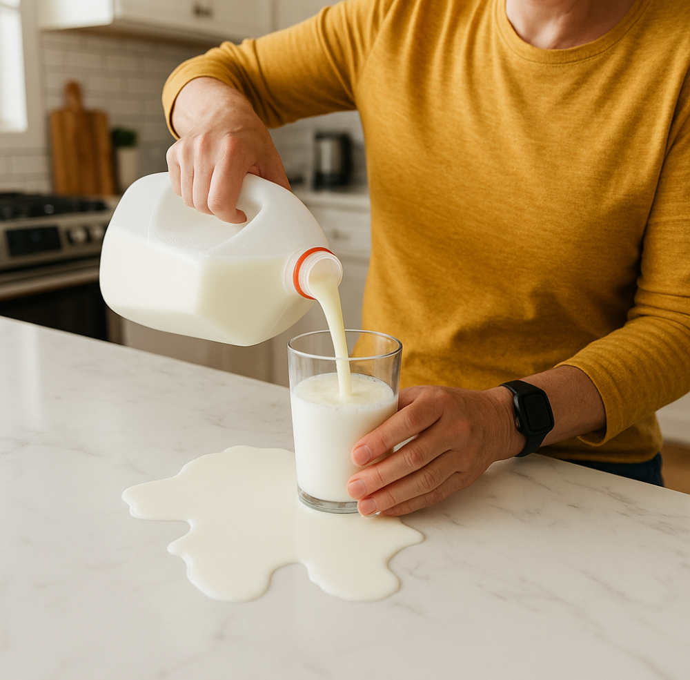 A man p;ouring milk into a glass with some spilling on to counter