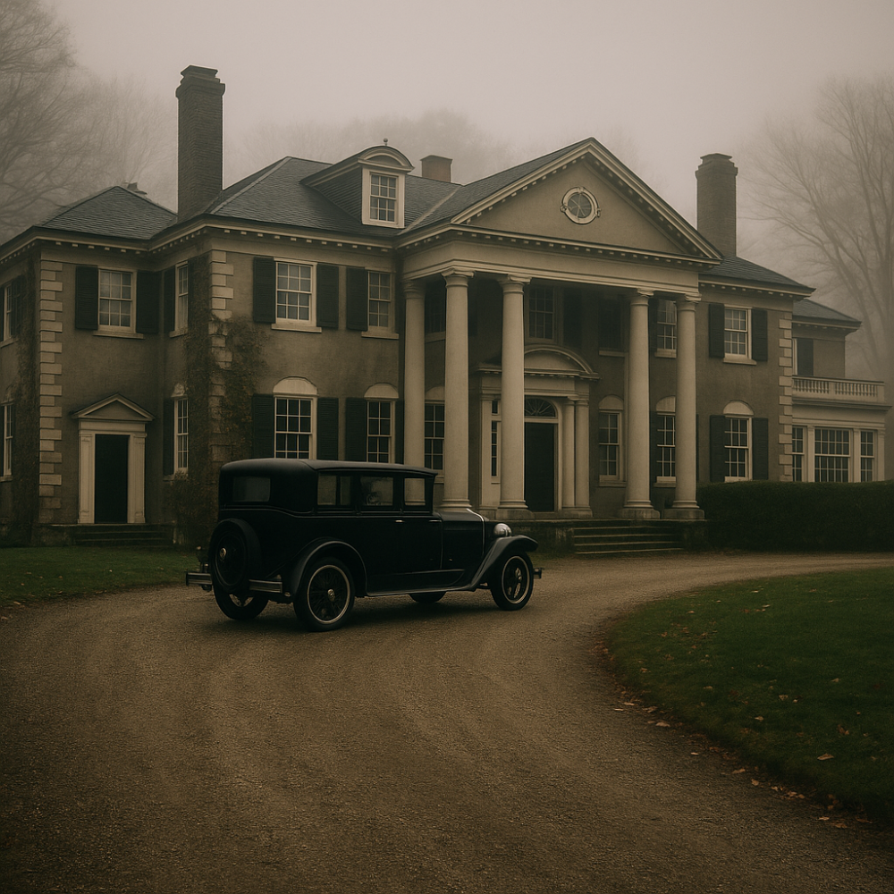 shows a vintage car parked near the Georgian Revival mansion, evoking a sense of timelessness and hidden stories.