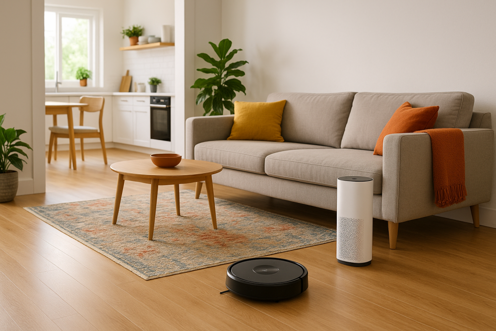 Robot vacuum cleaning a living room floor with a smart air purifier in the corner and a glimpse of the kitchen in the background.”
