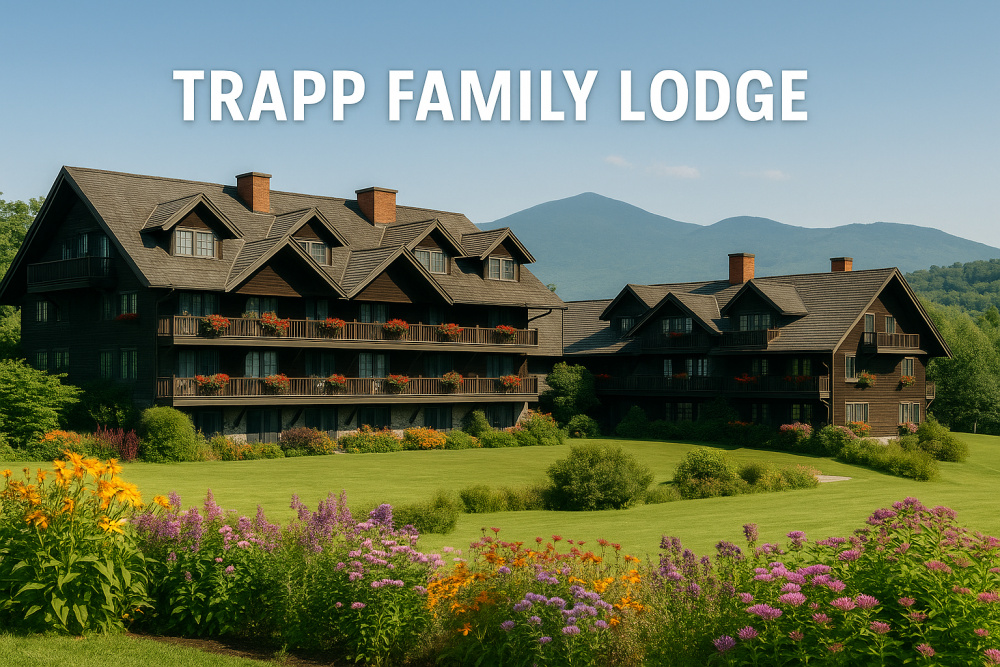 A high-resolution photograph of the Trapp Family Lodge in Stowe, Vermont, shows a large Austrian-style building nestled among green hills, with a clear blue sky overhead and forested mountains in the distance.
