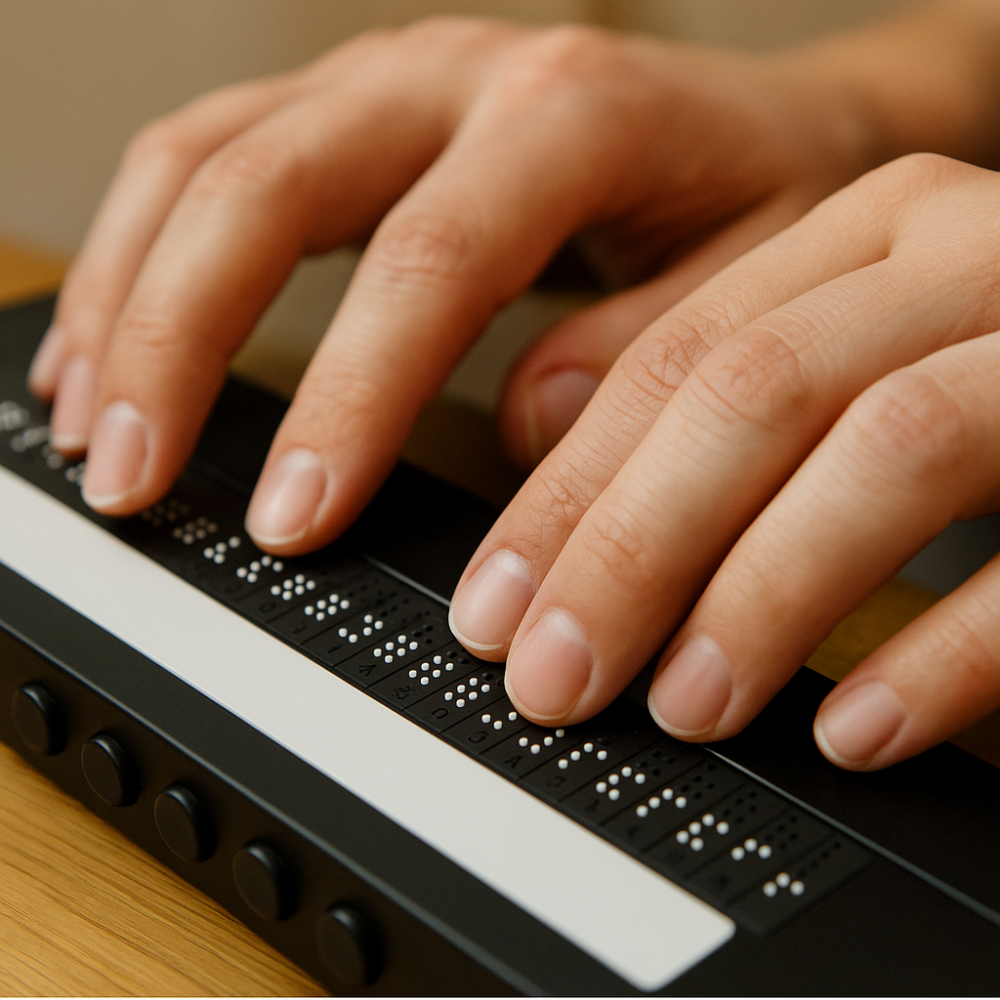 Close-up of hands reading raised dots on a modern braille display device.