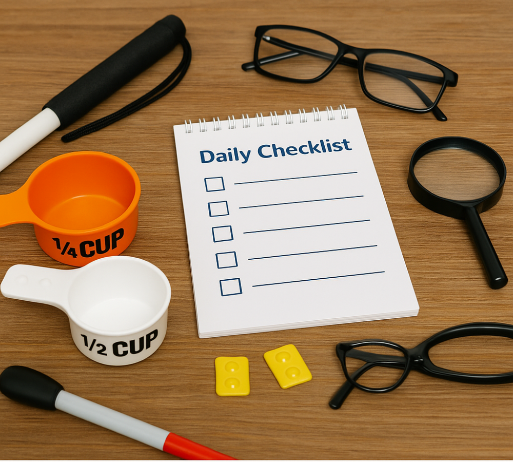 Close-up of low vision tools organized on a table: tactile markers, bold-labeled kitchen items, and a daily checklist