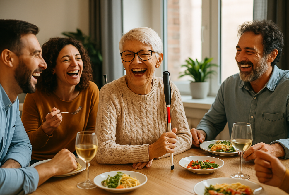 A cheerful multigenerational family sharing a meal, laughing together. One of the adults, who uses a white cane, is visibly engaged in the moment, contributing to the joyful atmosphere.