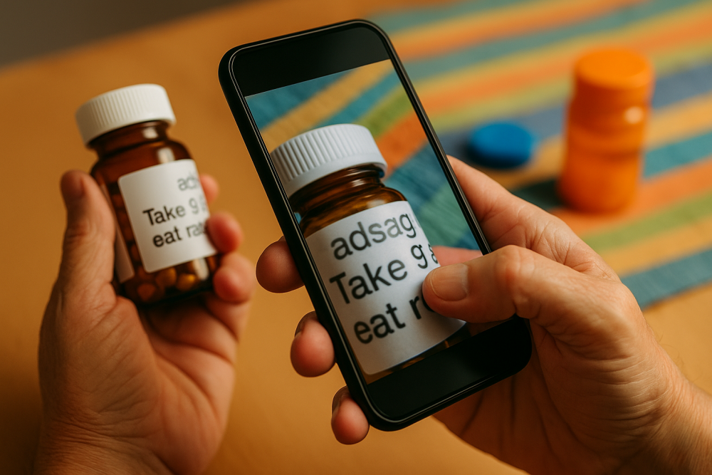 Person using a smartphone magnifier app on a pill bottle label, with the text appearing slightly shaky and hard to read.