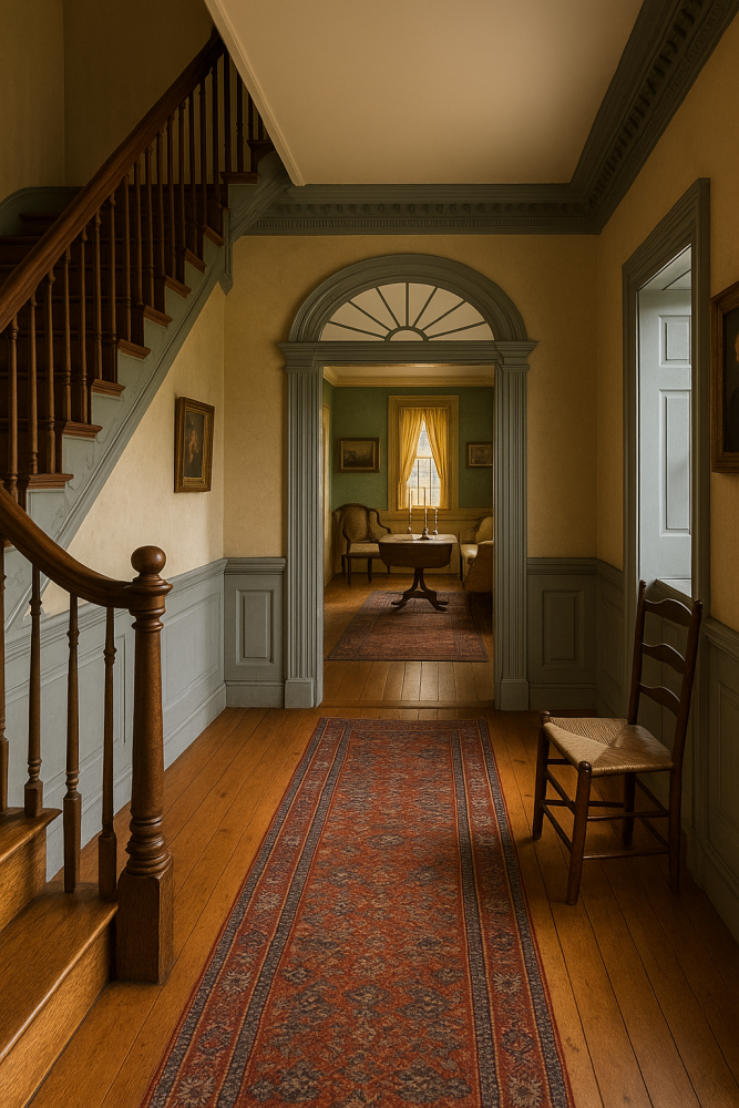 Interior hallway of a Federal-style home with wooden floors, a curved staircase, gray-blue wainscoting and trim, and a view into a parlor with antique furnishings and golden drapes lit by natural light.